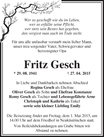 Traueranzeige von Fritz Gesch von Märkische Oderzeitung