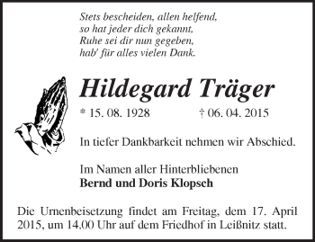 Traueranzeige von Hildegard Träger von Märkische Oderzeitung