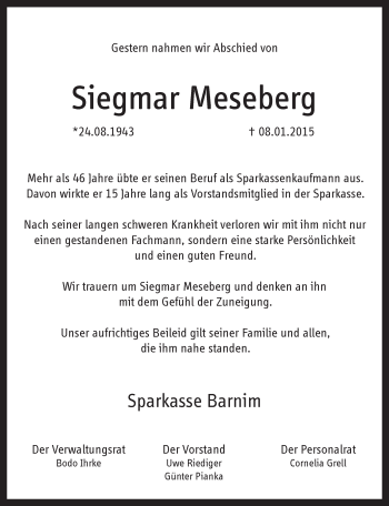 Traueranzeige von Siegmar Meseberg von Märkische Oderzeitung