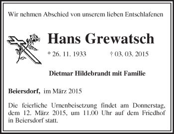 Traueranzeige von Hans Grewatsch von Märkische Oderzeitung