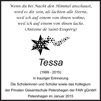 Traueranzeige von Tessa  von Märkische Oderzeitung