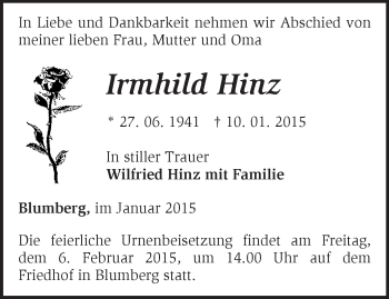 Traueranzeige von Irmhild Hinz von Märkische Oderzeitung