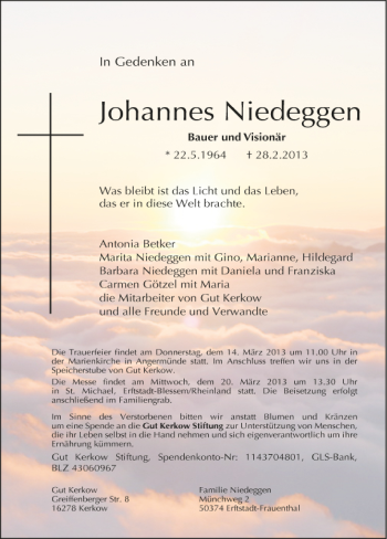 Traueranzeige von Johannes Niedeggen von Märkische Oderzeitung