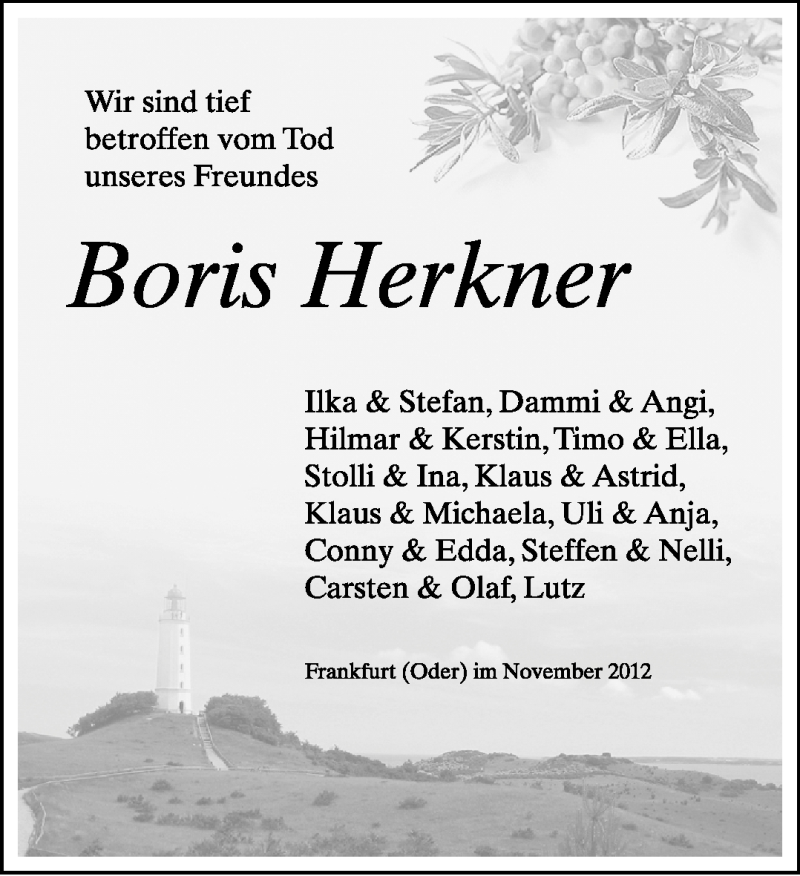  Traueranzeige für Boris Herkner vom 10.11.2012 aus Märkische Oderzeitung