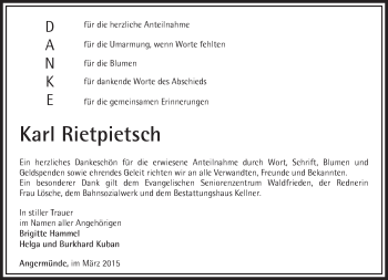 Traueranzeige von Karl Rietpietsch von Märkische Oderzeitung