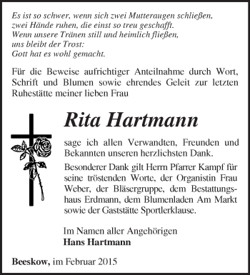Traueranzeige von Rita Hartmann von Märkische Oderzeitung