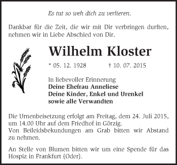 Traueranzeige von Wilhelm Kloster von Märkische Oderzeitung