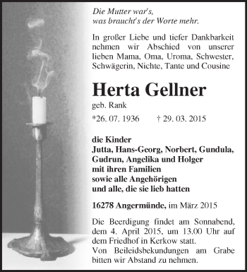 Traueranzeige von Herta Gellner von Märkische Oderzeitung