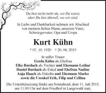 Traueranzeige von Kurt Kühn von Märkische Oderzeitung