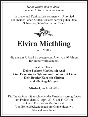 Traueranzeige von Elvira Miethling von Märkische Oderzeitung