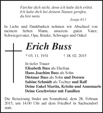 Traueranzeige von Erich Buss von Märkische Oderzeitung