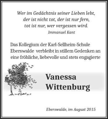 Traueranzeige von Vanessa Wittenburg von Märkische Oderzeitung