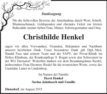 Traueranzeige von Christhilde Henkel von Märkische Oderzeitung