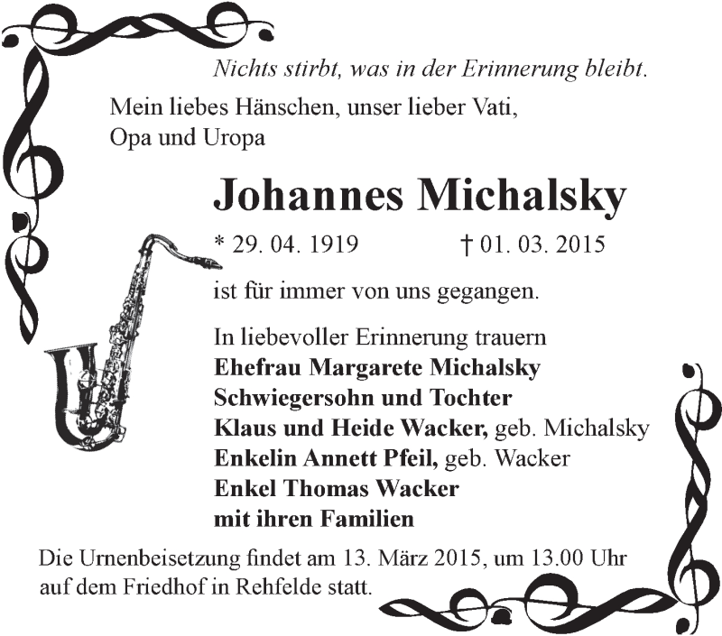  Traueranzeige für Johannes Michalsky vom 07.03.2015 aus Märkische Oderzeitung