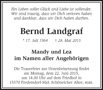 Traueranzeige von Bernd Landgraf von Märkische Oderzeitung