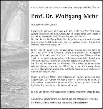 Traueranzeige von Wolfgang Mehr von Märkische Oderzeitung