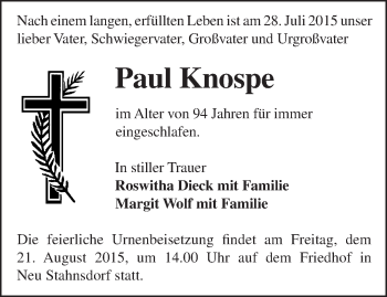 Traueranzeige von Paul Knospe von Märkische Oderzeitung