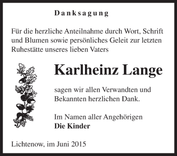 Traueranzeige von Karlheinz Lange von Märkische Oderzeitung