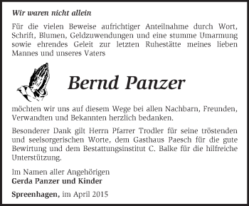 Traueranzeige von Bernd Panzer von Märkische Oderzeitung