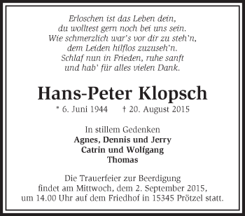 Traueranzeige von Hans-Peter Klopsch von Märkische Oderzeitung