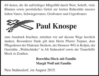 Traueranzeige von Paul Knospe von Märkische Oderzeitung