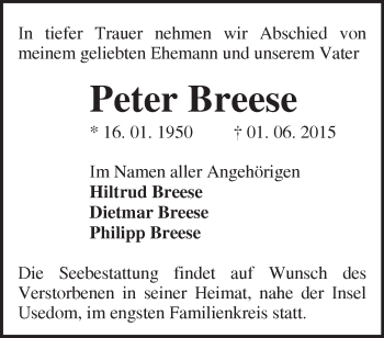 Traueranzeige von Peter Breese von Märkische Oderzeitung