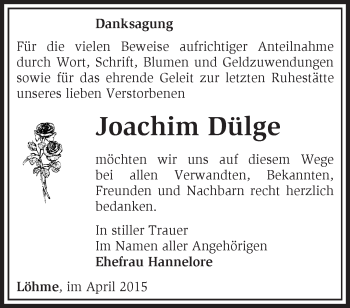 Traueranzeige von Joachim Dülge von Märkische Oderzeitung