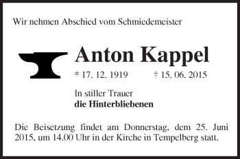 Traueranzeige von Anton Kappel von Märkische Oderzeitung