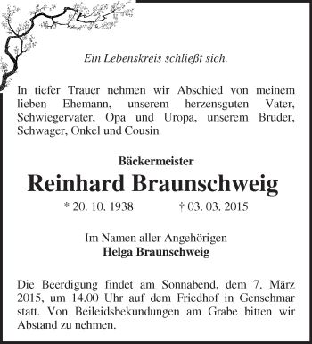 Traueranzeige von Reinhard Braunschweig von Märkische Oderzeitung