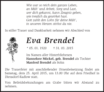 Traueranzeige von Eva Brendel von Märkische Oderzeitung