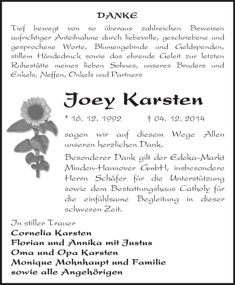  Traueranzeige für Joey Karsten vom 31.01.2015 aus Märkische Oderzeitung