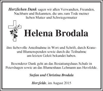 Traueranzeige von Helena Brodala von Märkische Oderzeitung