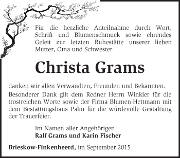 Traueranzeige von Christa Grams von Märkische Oderzeitung