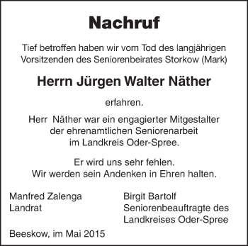 Traueranzeige von Walter Näther von Märkische Oderzeitung