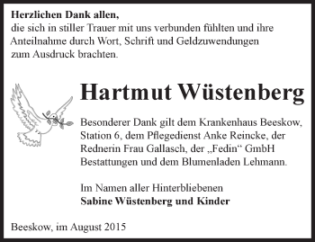 Traueranzeige von Hartmut Wüstenberg von Märkische Oderzeitung