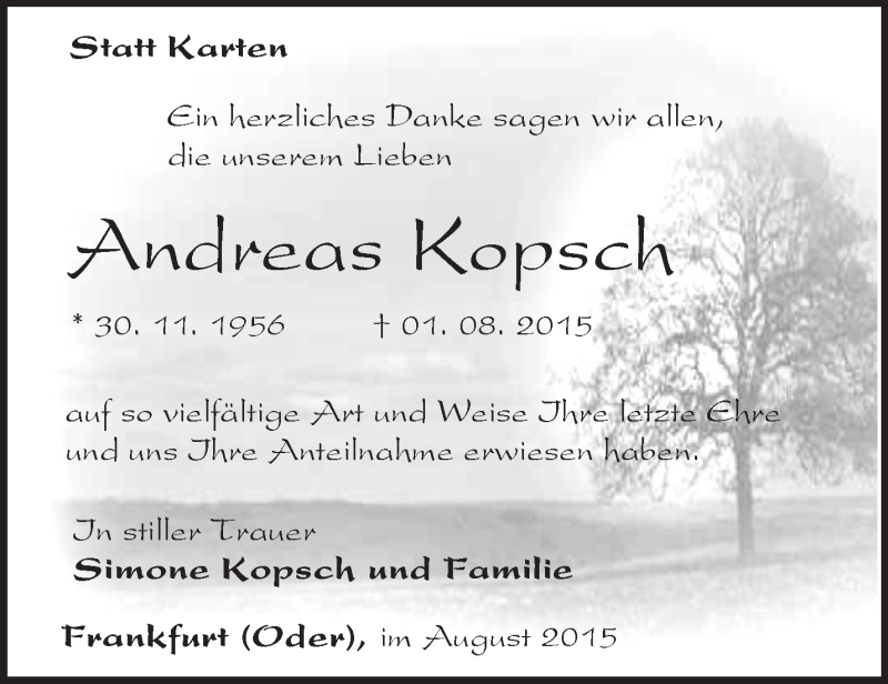  Traueranzeige für Andreas Kopsch vom 05.09.2015 aus Märkische Oderzeitung