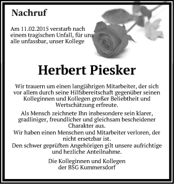 Traueranzeige von Herbert Piesker von Märkische Oderzeitung
