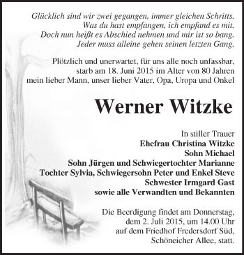 Traueranzeige von Werner Witzke von Märkische Oderzeitung