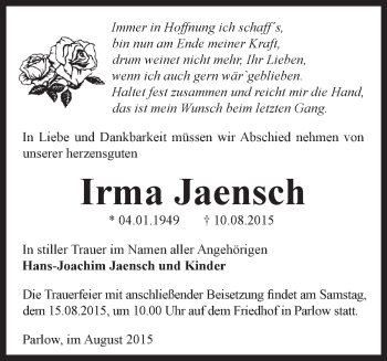 Traueranzeige von Irma Jaensch von Märkische Oderzeitung