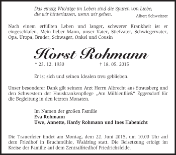 Traueranzeige von Horst Rohmann von Märkische Oderzeitung