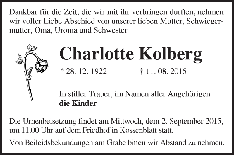  Traueranzeige für Charlotte Kolberg vom 26.08.2015 aus Märkische Oderzeitung