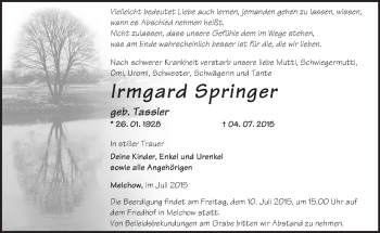 Traueranzeige von Irmgard Springer von Märkische Oderzeitung