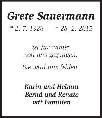 Traueranzeige von Grete Sauermann von Märkische Oderzeitung