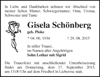 Traueranzeige von Gisela Schönberg von Märkische Oderzeitung