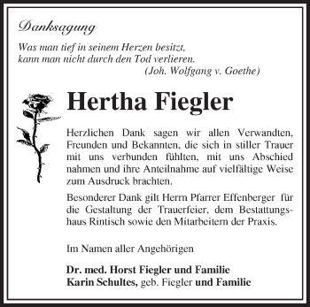 Traueranzeige von Hertha Fiegler von Märkische Oderzeitung