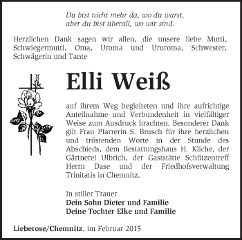 Traueranzeige von Elli Weiß von Märkische Oderzeitung