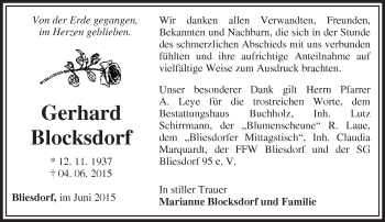 Traueranzeige von Gerhard Blocksdorf von Märkische Oderzeitung