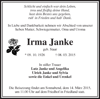 Traueranzeige von Irma Janke von Märkische Oderzeitung