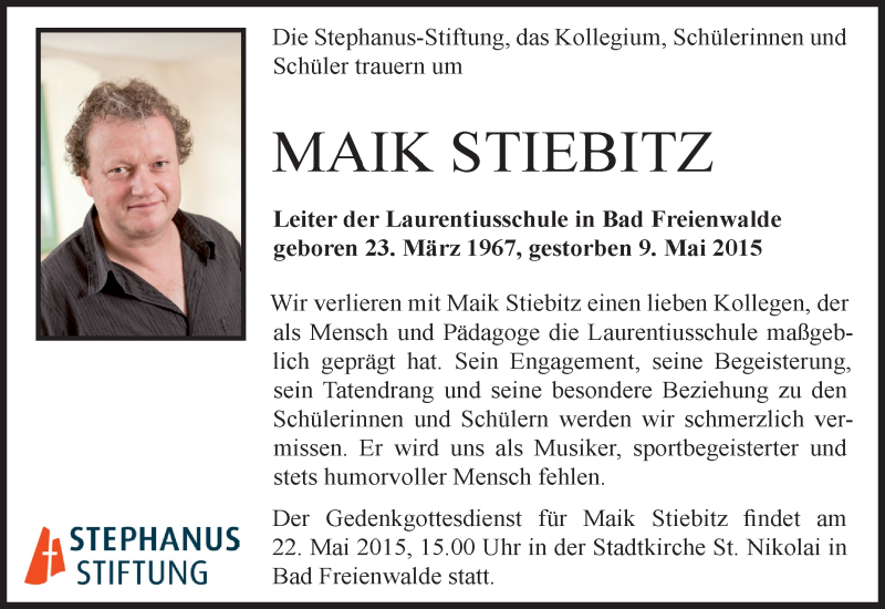  Traueranzeige für Maik Stiebitz vom 16.05.2015 aus Märkische Oderzeitung