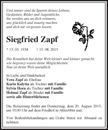 Traueranzeige von Siegfried Zapf von Märkische Oderzeitung